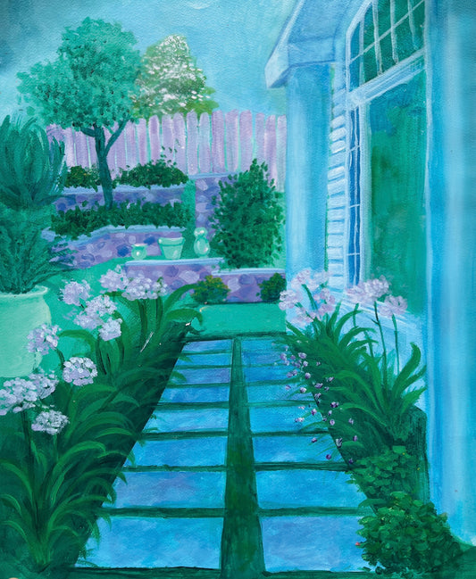 “Nana’s Backyard” in blue Small Fine Art Print